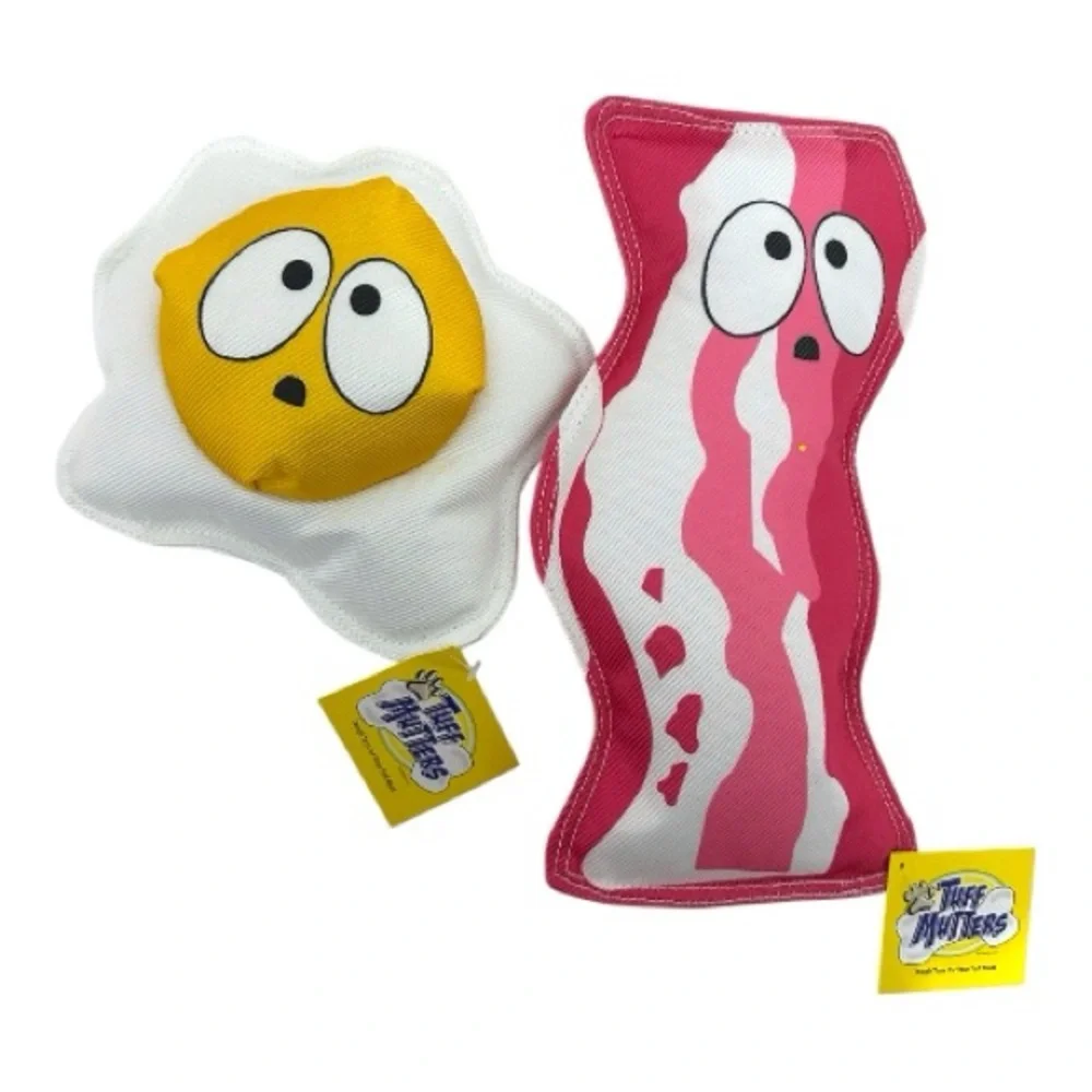 NWT Tuff Mutters Bacon and Egg Dog Toys Set of 2 Durable Plush Squeaky Pet Chews